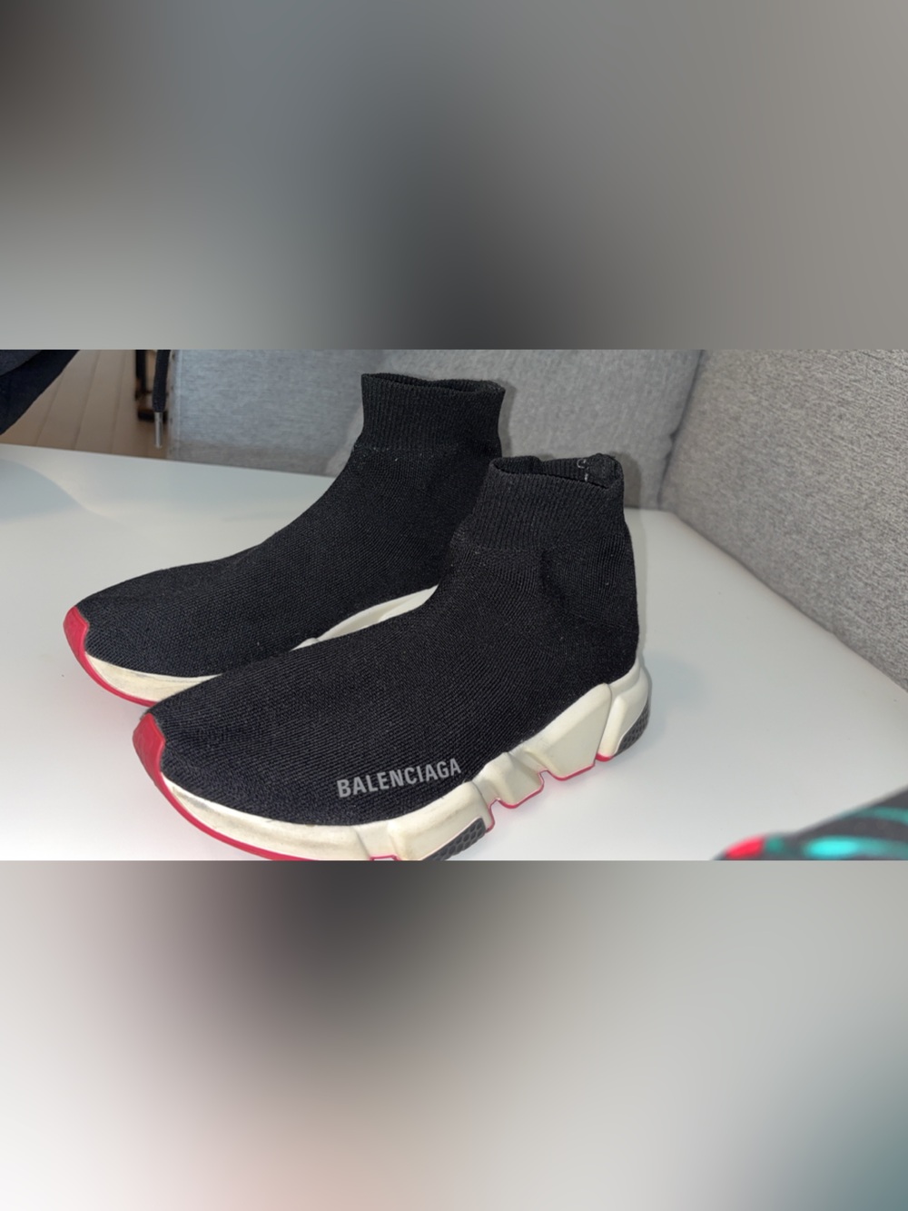 Balenciaga Black Knit Sock Sneakers with Red Toe Detail